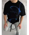 Unisex Bisiklet Yaka Baskılı Oversize T-Shirt - Siyah