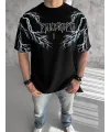 Unisex Bisiklet Yaka Baskılı Oversize T-Shirt-Siyah