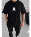 Unisex Bisiklet Yaka Baskılı Oversize T-Shirt - Siyah