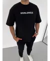 Unisex Bisiklet Yaka Baskılı Oversize T-Shirt - Siyah