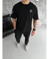 Unisex Bisiklet Yaka Baskılı Oversize T-Shirt - Siyah