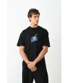 Unisex Bisiklet Yaka Baskılı Oversize T-Shirt - Siyah