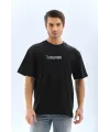 Unisex Bisiklet Yaka Baskılı Oversize T-Shirt - Siyah