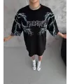Unisex Bisiklet Yaka Baskılı Oversize T-Shirt - Siyah