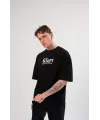 Unisex Bisiklet Yaka Baskılı Oversize T-Shirt - Siyah