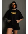 Unisex Bisiklet Yaka Baskılı Oversize T-Shirt - Siyah