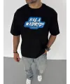 Unisex Bisiklet Yaka Baskılı Oversize T-Shirt - Siyah