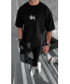 Unisex Bisiklet Yaka Baskılı Oversize T-Shirt - Siyah