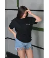 Unisex Bisiklet Yaka Baskılı Oversize T-Shirt - Siyah