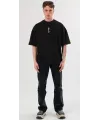 Unisex Bisiklet Yaka Baskılı Oversize T-Shirt - Siyah