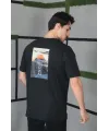 Unisex Bisiklet Yaka Baskılı Oversize T-Shirt - Siyah