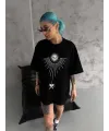 Unisex Bisiklet Yaka Baskılı Oversize T-Shirt - Siyah