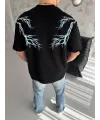 Unisex Bisiklet Yaka Baskılı Oversize T-Shirt - Siyah