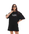 Unisex Bisiklet Yaka Baskılı Oversize T-Shirt - Siyah