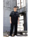 Unisex Bisiklet Yaka Baskılı Oversize T-Shirt - Siyah