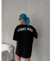 Unisex Bisiklet Yaka Baskılı Oversize T-Shirt - Siyah