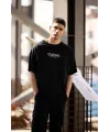 Unisex Bisiklet Yaka Baskılı Oversize T-Shirt - Siyah