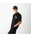 Unisex Bisiklet Yaka Baskılı Oversize T-Shirt - Siyah