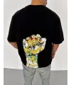 Unisex Bisiklet Yaka Baskılı Oversize T-Shirt - Siyah