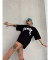 Unisex Bisiklet Yaka Baskılı Oversize T-Shirt - Siyah