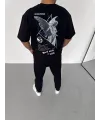 Unisex Bisiklet Yaka Baskılı Oversize T-Shirt - Siyah