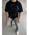 Unisex Bisiklet Yaka Baskılı Oversize T-Shirt - Siyah
