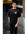 Unisex Bisiklet Yaka Baskılı Oversize T-Shirt - Siyah