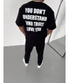 Unisex Bisiklet Yaka Baskılı Oversize T-Shirt - Siyah