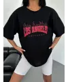 Unisex Bisiklet Yaka Baskılı Oversize T-Shirt - Siyah