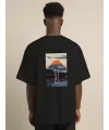 Unisex Bisiklet Yaka Baskılı Oversize T-Shirt - Siyah
