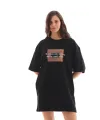 Unisex Bisiklet Yaka Baskılı Oversize T-Shirt - Siyah
