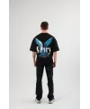Unisex Bisiklet Yaka Baskılı Oversize T-Shirt - Siyah