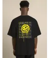 Unisex Bisiklet Yaka Baskılı Oversize T-Shirt - Siyah