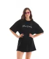Unisex Bisiklet Yaka Baskılı Oversize T-Shirt - Siyah