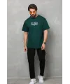 Unisex Bisiklet Yaka Baskılı Oversize T-Shirt - Yeşil