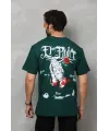 Unisex Bisiklet Yaka Baskılı Oversize T-Shirt - Yeşil
