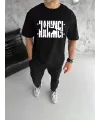 Unisex Bisiklet Yaka Katlanan Baskılı T-Shirt - Siyah
