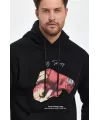 Unisex Kapüşonlu Üç İplik Oversize Baskılı Sweatshirt - Siyah
