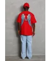 Unisex Oversize Baskılı Bisiklet Yaka T-Shirt - Kırmızı