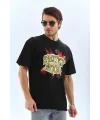 Unisex Oversize Baskılı Bisiklet Yaka T-Shirt - Siyah