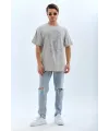 Unisex Oversize Taşlı Bisiklet Yaka T-Shirt - Gri