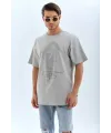 Unisex Oversize Taşlı Bisiklet Yaka T-Shirt - Gri