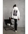 Unisex Sırt Baskılı Kapüşonlu Üç İplik Oversize Sweatshirt - Beyaz