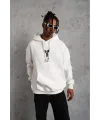 Unisex Sırt Baskılı Kapüşonlu Üç İplik Oversize Sweatshirt - Beyaz
