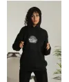 Unisex Sırt Baskılı Kapüşonlu Üç İplik Oversize Sweatshirt - Siyah