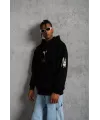 Unisex Sırt Baskılı Kapüşonlu Üç İplik Oversize Sweatshirt - Siyah