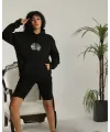 Unisex Sırt Baskılı Kapüşonlu Üç İplik Oversize Sweatshirt - Siyah
