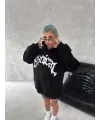 Unisex Üç İplik Kapşonlu Baskılı SweatShirt - Siyah