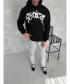 Unisex Üç İplik Kapşonlu Baskılı SweatShirt - Siyah