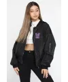 Unisex Uzun Kol Baskılı Bomber Ceket - Siyah